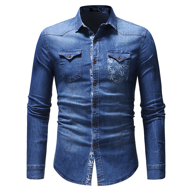 Cotton Slim Fit Denim Shirts Men outdoor Casual printing Long Sleeve tops Mens Jeans Shirt Autumn Shirt for Men
