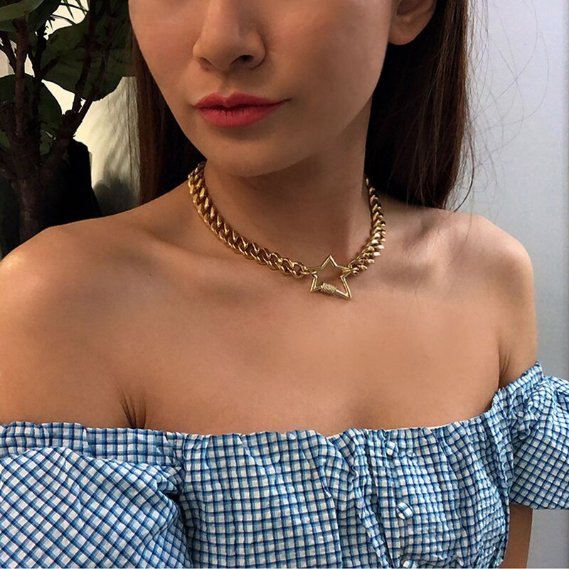 Colar feminino peri'sbox, gargantilha com estrela e mosquetão de ouro pesado, corrente cubana com fecho parafuso, 2020