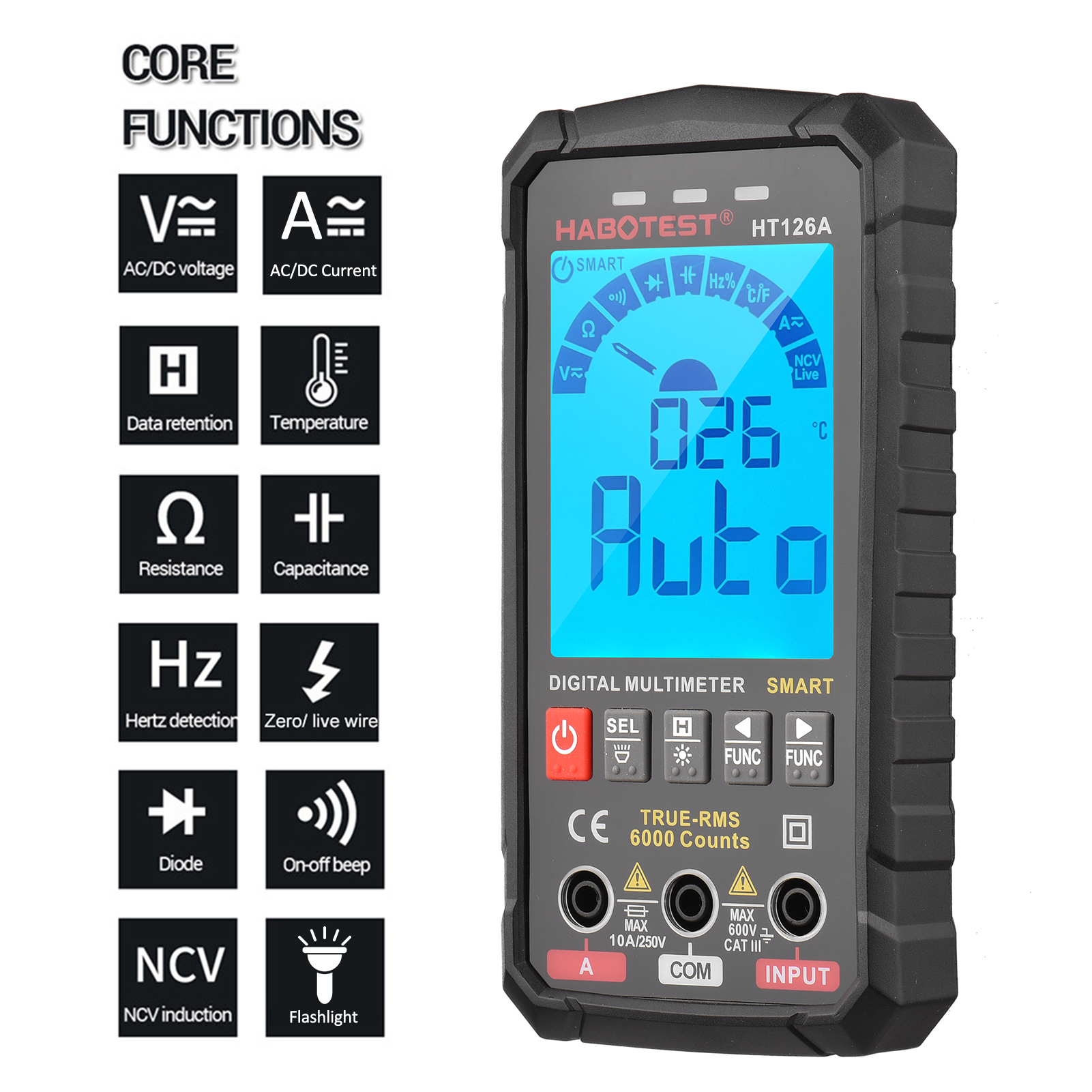 HABOTEST – multimètre numérique intelligent HT126B, écran couleur VA, testeur électrique, voltmètre ammètre, 6000 comptes, True RMS, Auto-plage