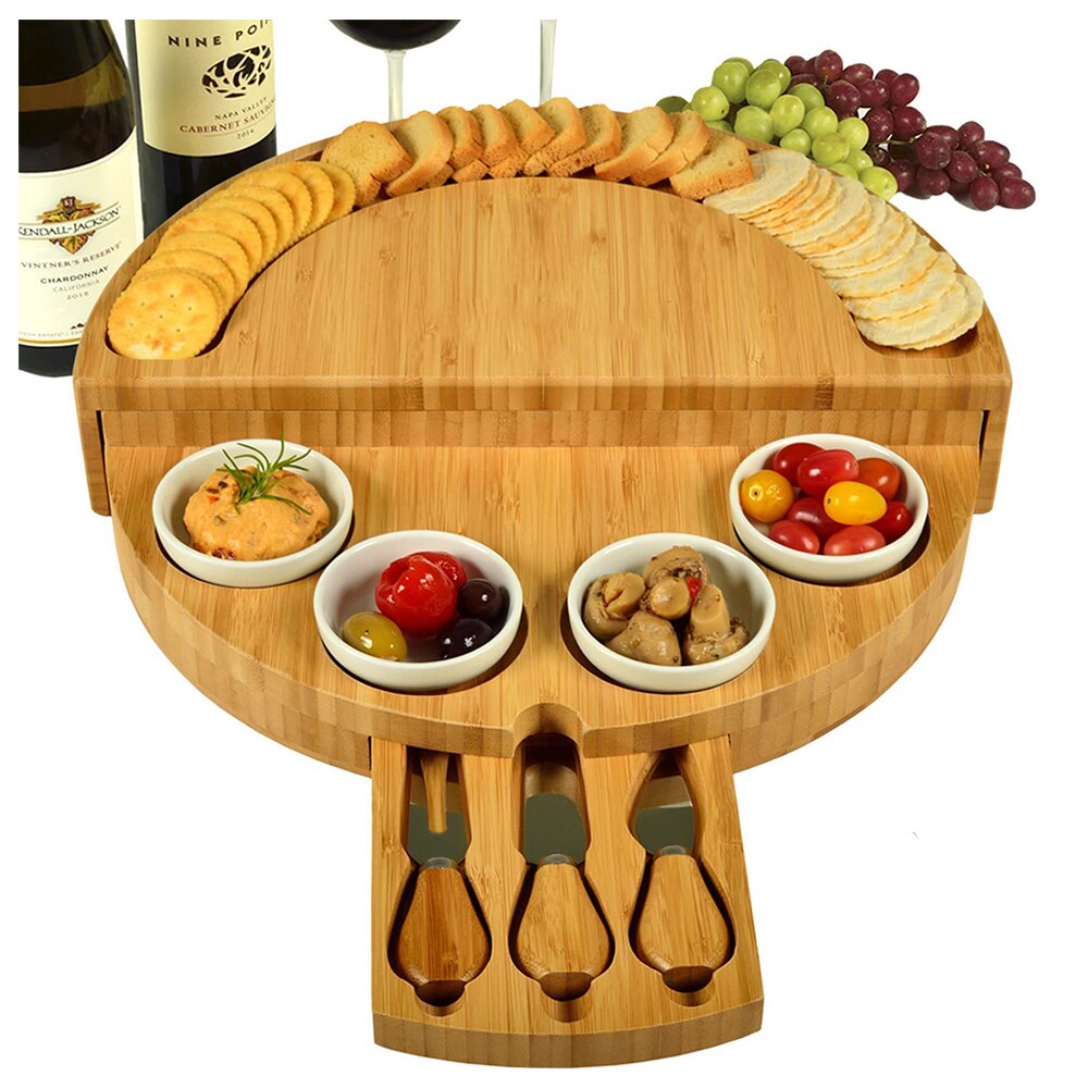 Engraved Bamboo Cheese Board Cutlery Cutter Charcuterie Board Set With Slide Out Drawer Cooking Tools Slicer Fork Scoops Cut