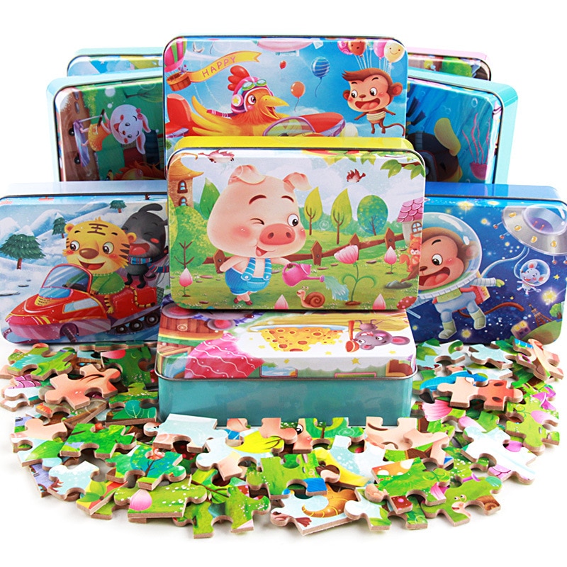 60 Teile/schachtel Nette Cartoon Puzzle mit Eisen Box für Kinder Jigsaw Holz Tier Puzzle Frühen Pädagogisches Spielzeug für kinder