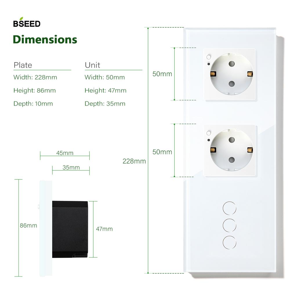 BSEED 3 Gang Smart Light Switch With Double Wall Socket 3 Colors Wall Switch 228mm Crystal Glass Panel Work With Tuya App
