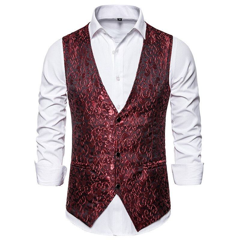 Jacquard blommig väst för män palatsstil bröllopsbal män klänning västar slim fit enkelknäppt herrväst: Vin, röd / Europeiska s