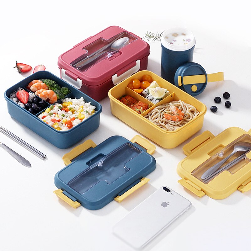 Lunchbox Kinderen 1-2L Student Kleurrijke Microwavable Voedsel Opslag Container Servies Verwarming Lunchbox Met Lepel En Vork