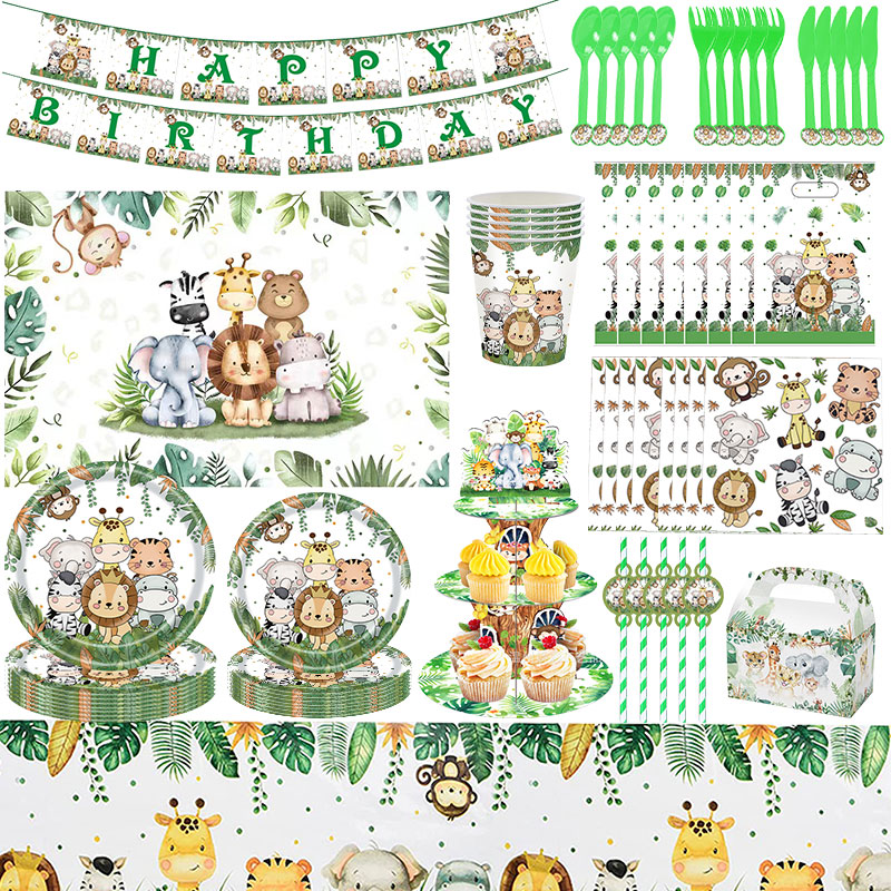 Gelukkige Verjaardag Jungle Dieren Verjaardagsfeestje Decoratie Jungle Ballonnen Borden Kopjes Rietjes Achtergrond Thema Feestartikelen