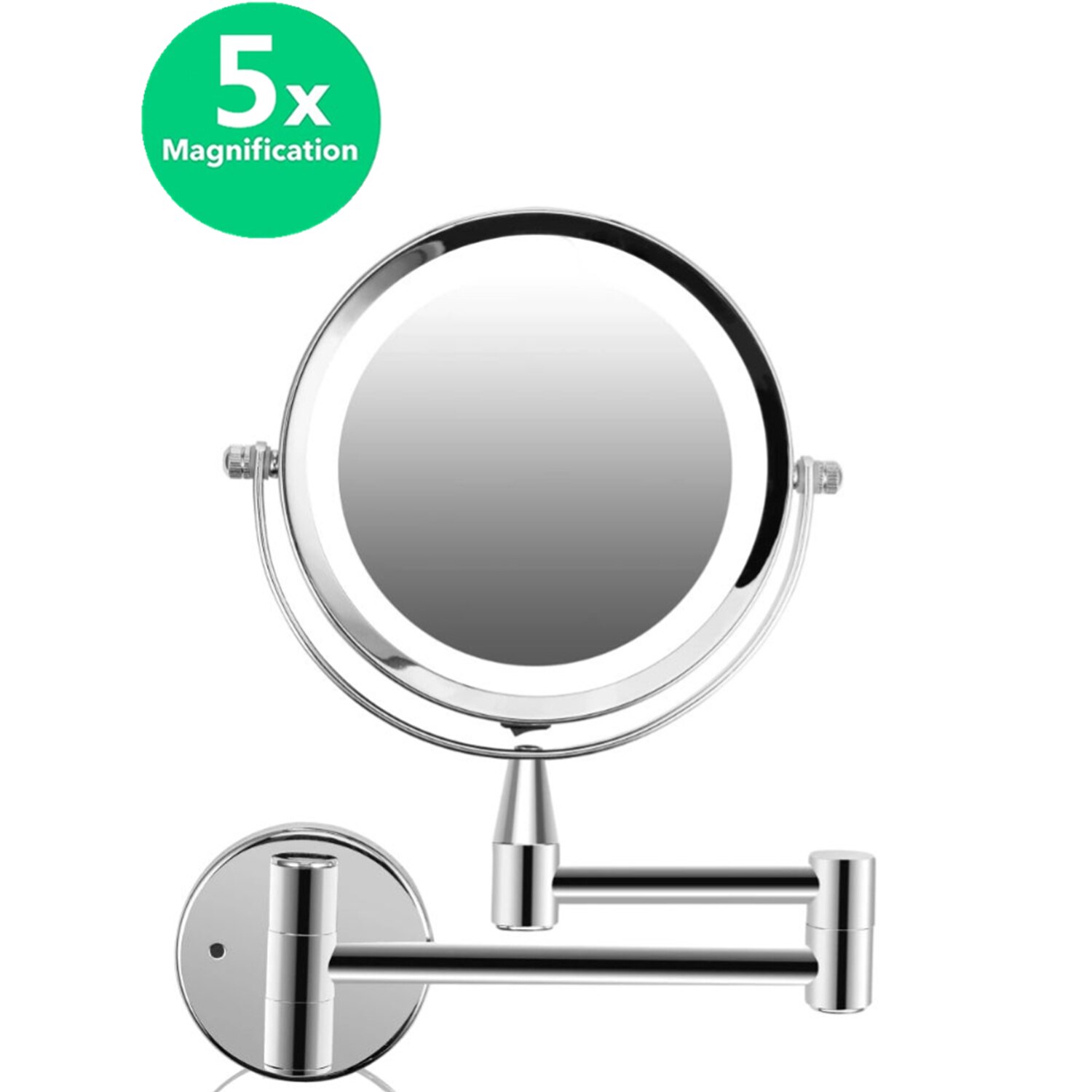 Led Dubbelzijdig Vergrootglas Make-Up Spiegel, 6.0 "15Cm Diameter 1X/5X Verstelbare Wandmontage 360 Roterende Uitschuifbare Draaibare Spiegel: Polished Finished