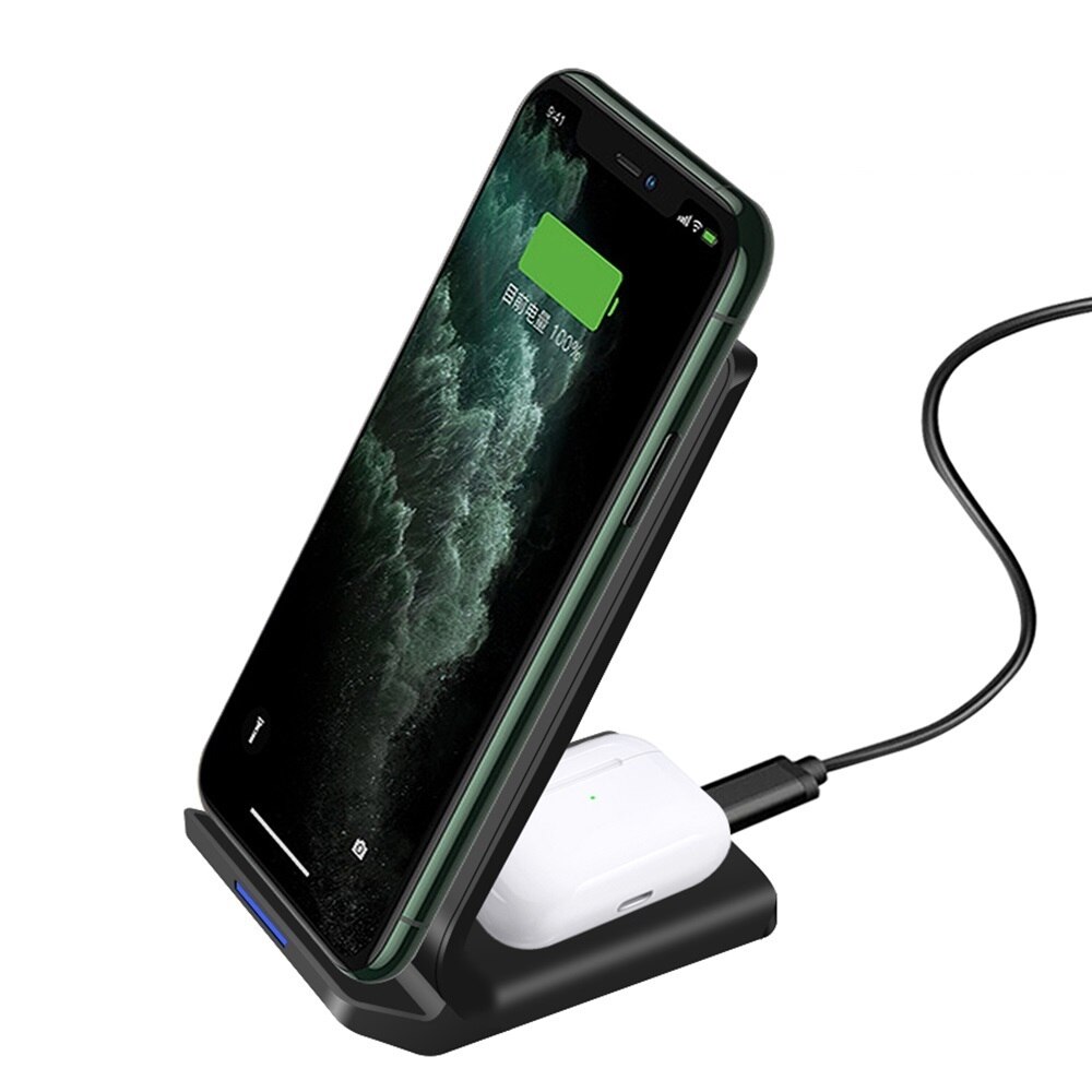 Cargador inalámbrico Qi de 15W con soporte 3 en 1 estación de carga rápida para iPhone 11 XS XR 8 X para Airpods Pro Apple Watch SE 6 5 4 3 2: 2 in 1 Stand Black