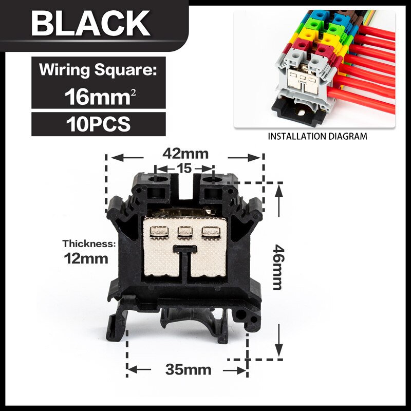10 Stuks Din Rail Terminal Blok UK-16N Connductor Universele Klasse Schroef Draad Connector Strips Demonteren Montage: Black-10PCS