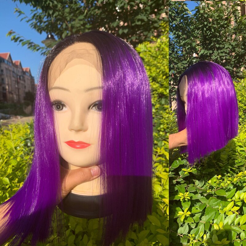 Krótki pion Ombre fioletowy prosto syntetyczne koronki przodu peruki żaroodporne syntetyczne fioletowe kolorowe włosy peruka dla czarnych kobiet