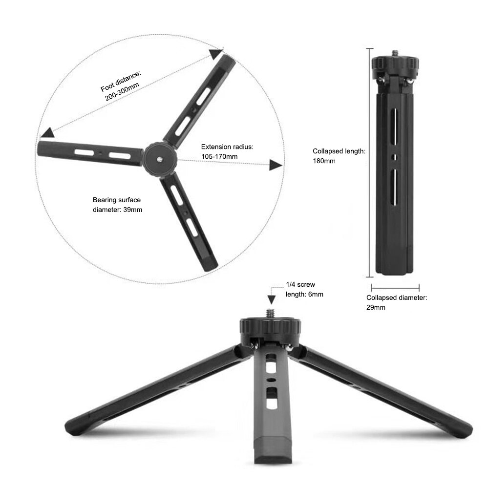 Mini liga de alumínio tripé mesa mesa portátil com 1/4 parafuso para cardan para câmeras dslr webcam