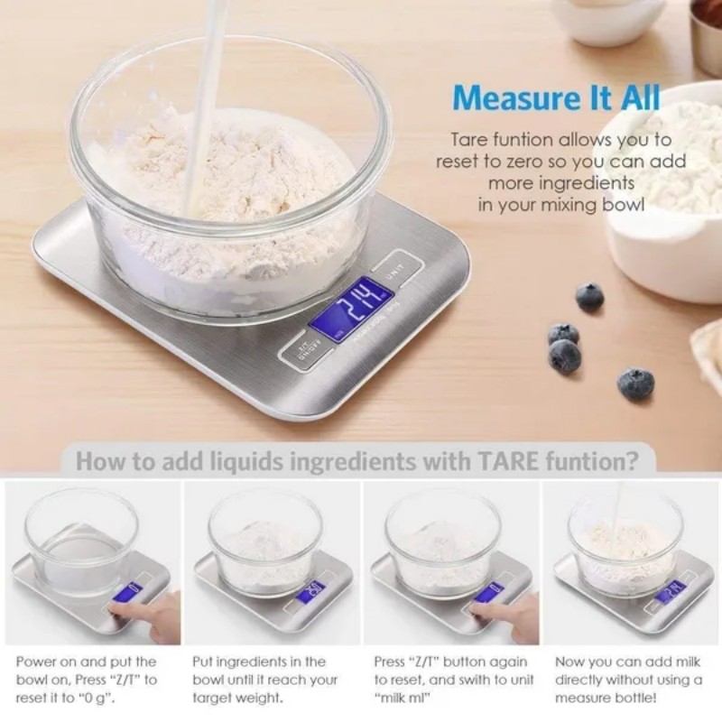 Display LCD da 5/10 kg Bilancia elettronica da cucina digitale Pannello in acciaio inossidabile Ricarica USB Bilancia precisa con piattaforma piccola portatile