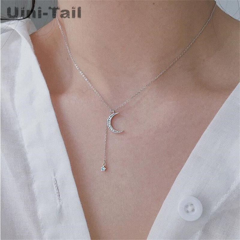 Uini-cauda novo 925 prata esterlina estrelas lua micro-incrustado colar coreano moda doce personalidade simples pequeno fresco ed283