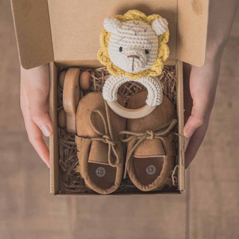 Baby badelegetøjssæt løve rangle dobbeltsidet bomuldstæppe hæklet legetøj nyfødt fotografering rekvisitter fødselsprodukt med æske: D