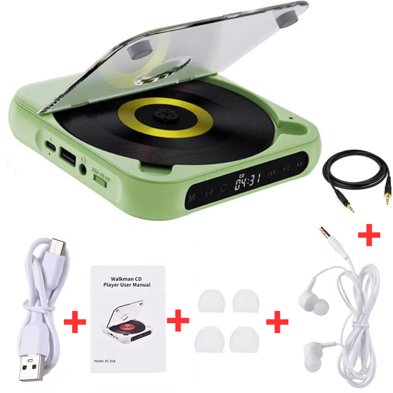 Reprodutor de cd compatível com bluetooth, tela lcd, reprodutor de cd para carro, repetição de bateria de 1200 mah, amigo, família, estudante, portátil, dvd player: green