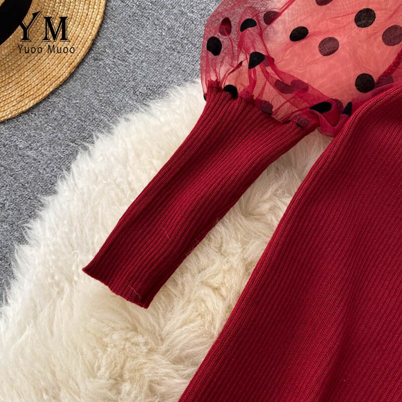 Yuoomuoo naiset neulottu punainen juhlamekko syksy talvi mesh piste pitkä puhvihihainen bodycon mekko lyhyet naisten mekot