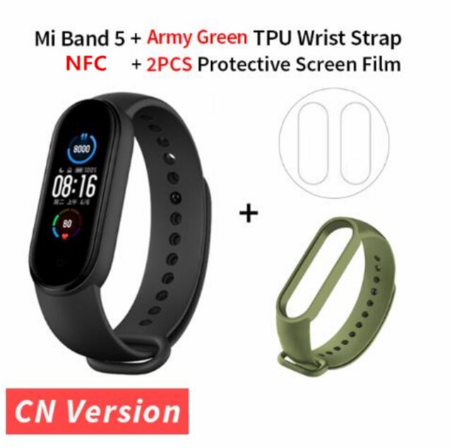 Xiaomi Mi Band 5 NFC Version Smart Bracelet AMOLED Screen Miband 5 Smartband Fitness Traker Bluetooth Heart Rate Smart Band: armygreen strap film