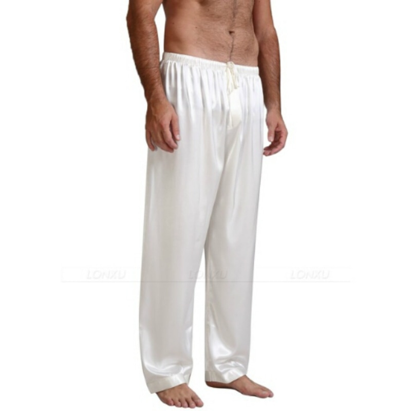 Ropa de dormir de satén para hombre, pijamas de seda, pantalones de salón, pantalones informales, ropa de dormir: white / L