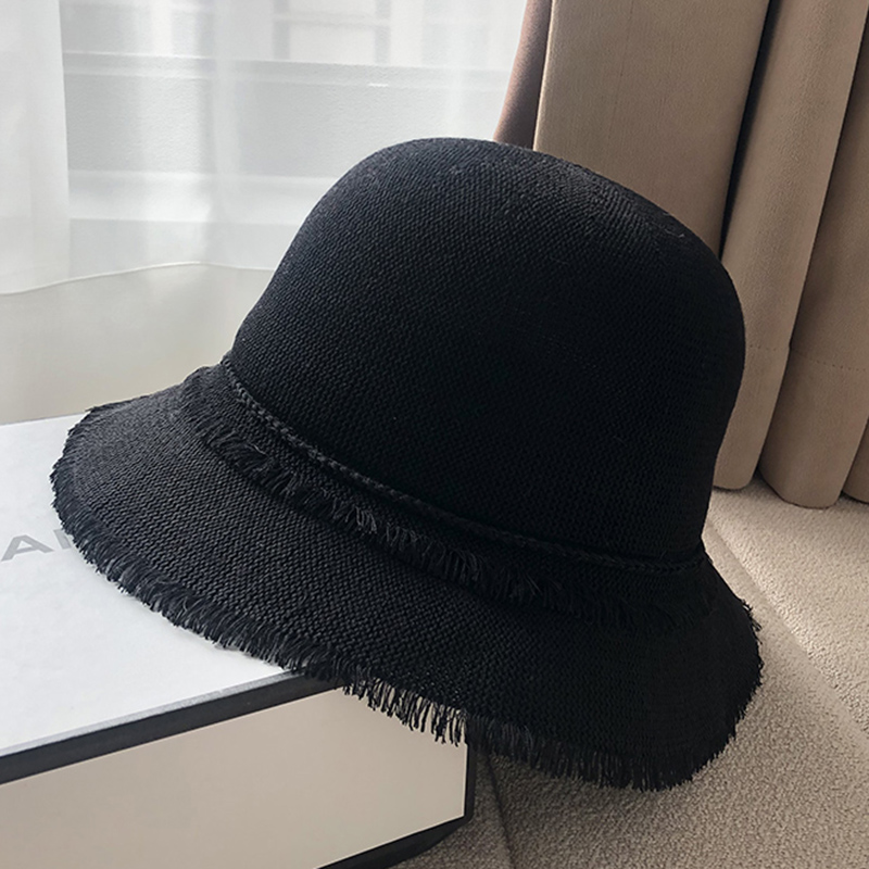 Cappelli a secchiello per donna nappe Cappello da pescatore Vintage ▾ lavorato a maglia sottile Cappellini Panama estivi per donna Cappellino parasole semplice e traspirante: nero