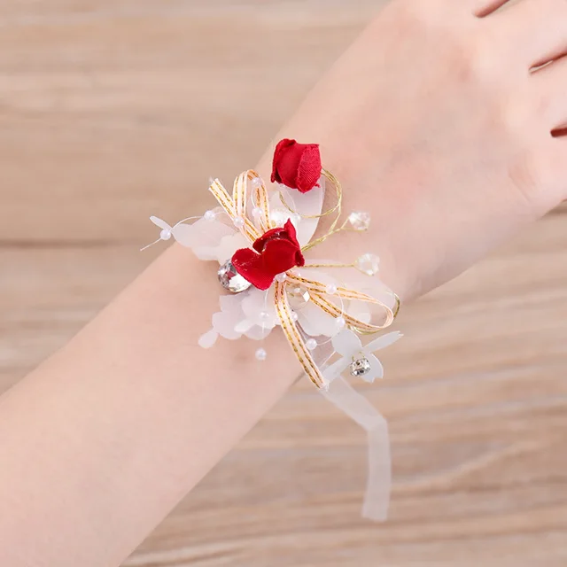 Imitation Pearls Corsage Bracelet Fabric Hand Flowers Girls Bridesmaid Wrist Flowers Wedding Party Accessories Party decor Rose: Blue