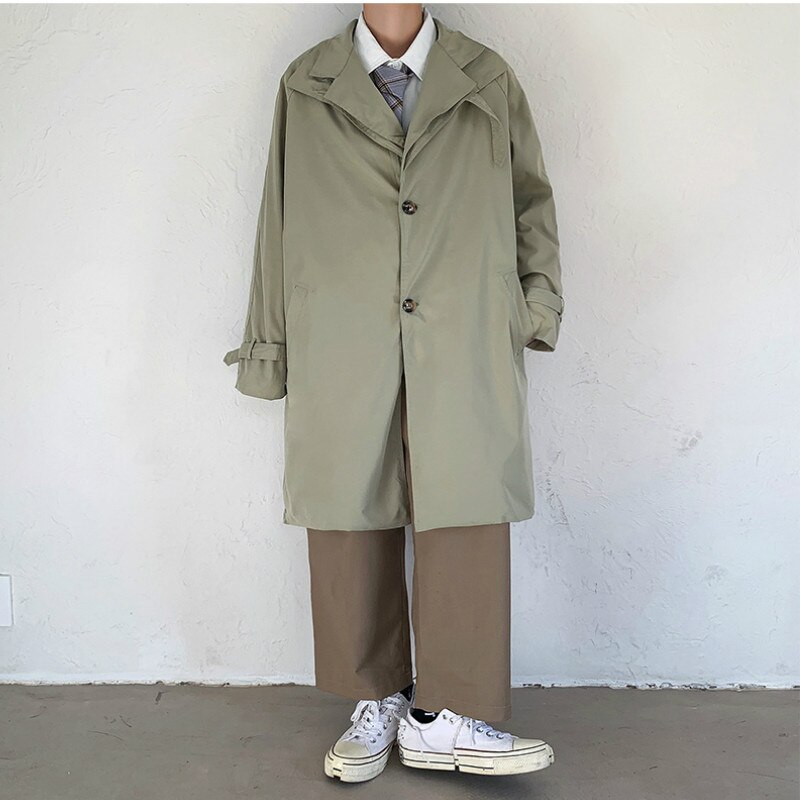 Ulzzang – Trench-coat à Simple boutonnage pour homme, vêtement d'extérieur Chic, uni, mi-long, Style coréen