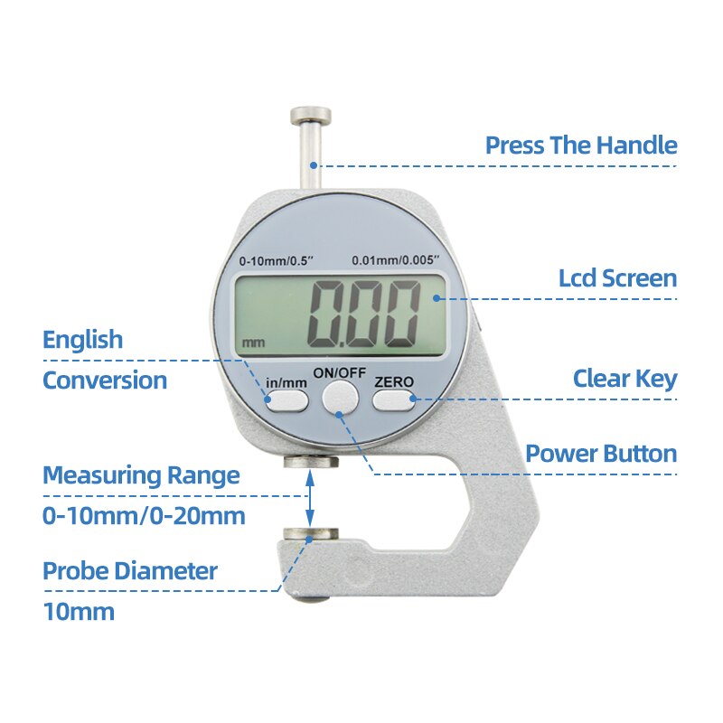 Digital Display Thickness Gauge Zinc Alloy Electronic LCD Micrometer Metric Imperial Wall Thickness Measurement Tools 0-10/20mm