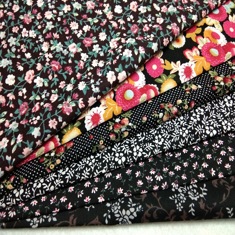 Tela de popelina de algodón con estampado de flores, tela de popelina negra y real de 50x145cm para costura artesanal, vestido de tela para bebé, retazos