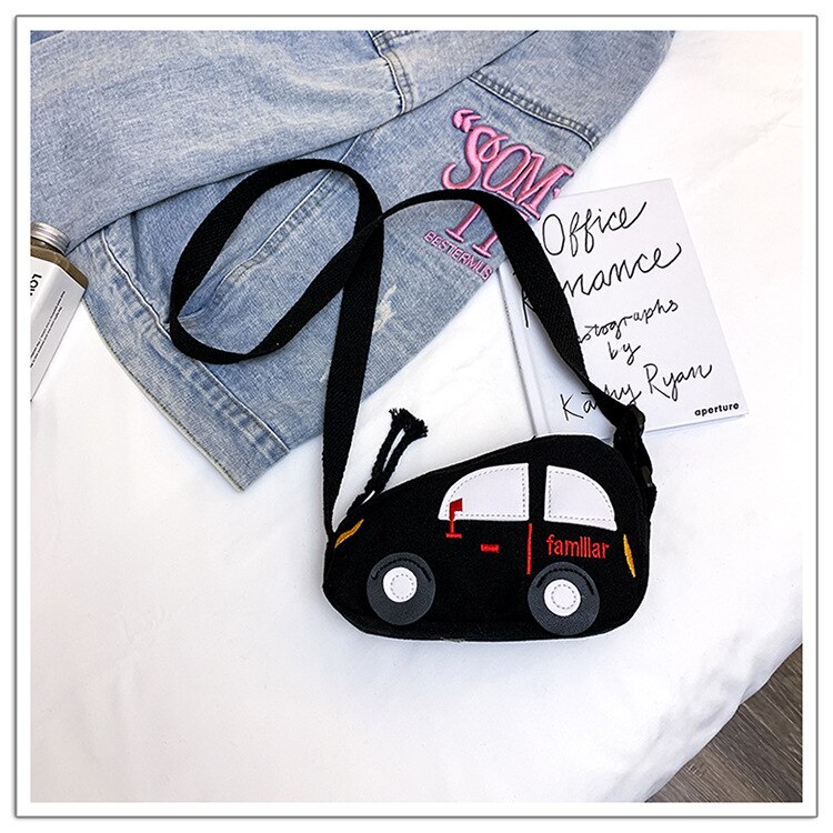 Mini Bag Eccentric Personality Hong Kong Style Girl's Bag Car Canvas Messenger Bag Children's Bag: Black