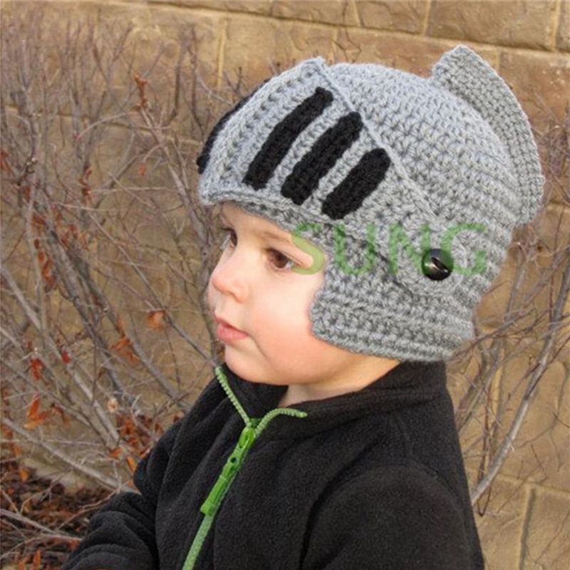 Roman Knight Helmet Caps Winter Warm Hats For Family Novelty Handmade Knit Hats Father Kids Beanies Cap Party Mask