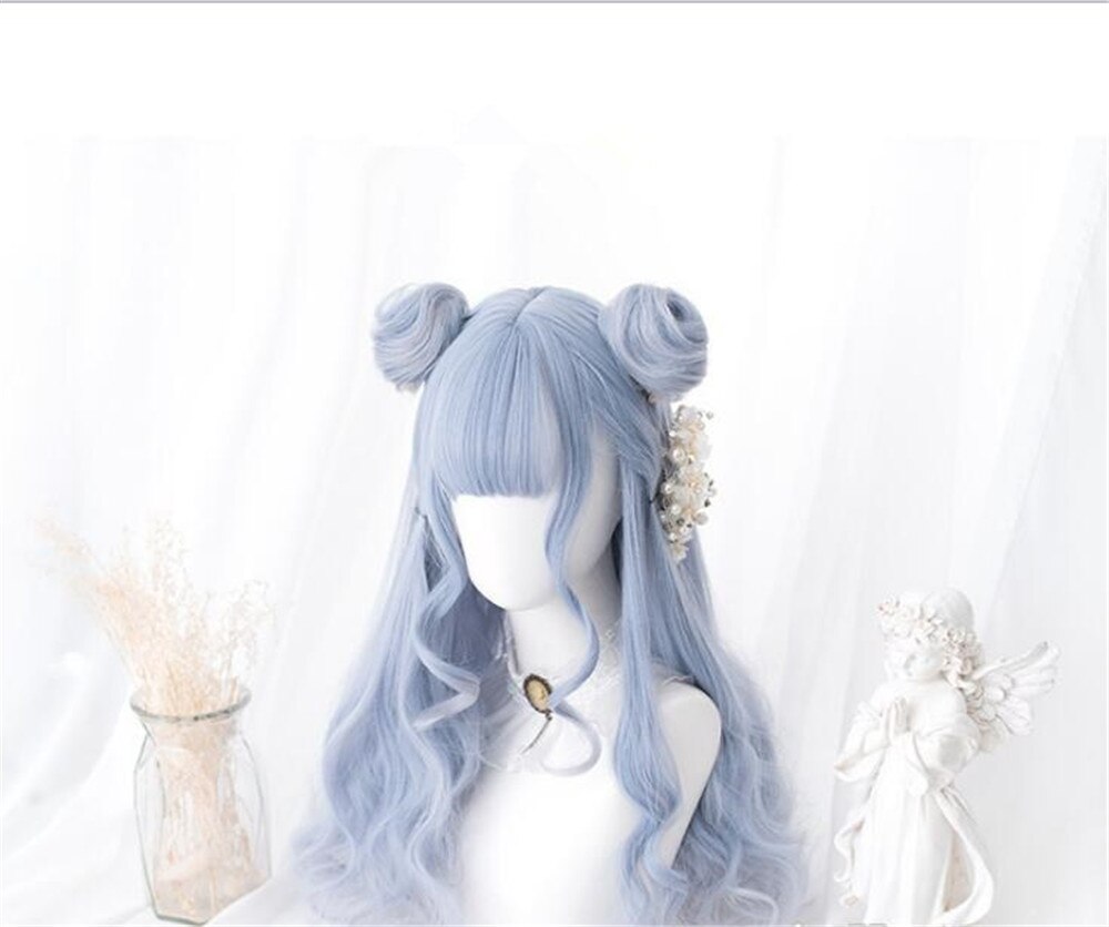 Lolita-perruque pour Cosplay de couleurs mélangées bleu clair, avec franges mignonnes, avec oreilles, cheveux pour fête, D052: style 1