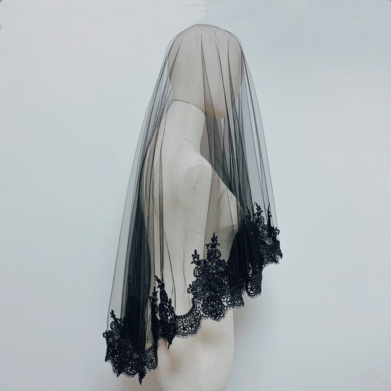 Et lag blondekant sort brudeslør 1.5*1.5m langt bryllupsslør bryllupstilbehør mariage bryllupsslør cosplay