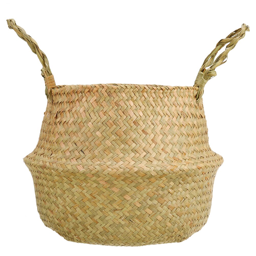 Handmade Bamboo Storage Baskets Foldable Laundry Straw Patchwork Wicker Rattan Seagrass Belly Garden Flower Pot Planter Basket: Natural / M 27X23CM