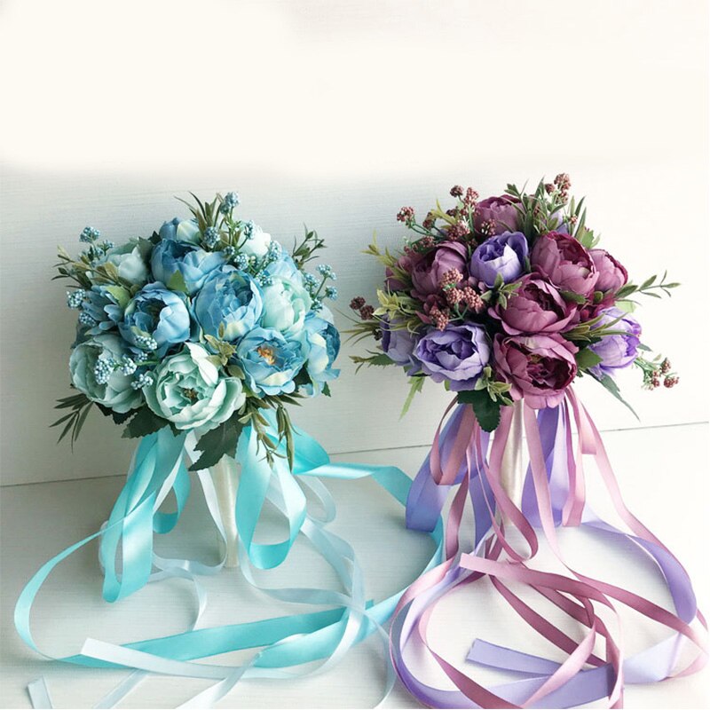 Rosa blå lila bröllop blommor bukett handgjorda konstgjorda blommor pion brudtärna brudbukett mariage bröllop dekorationer