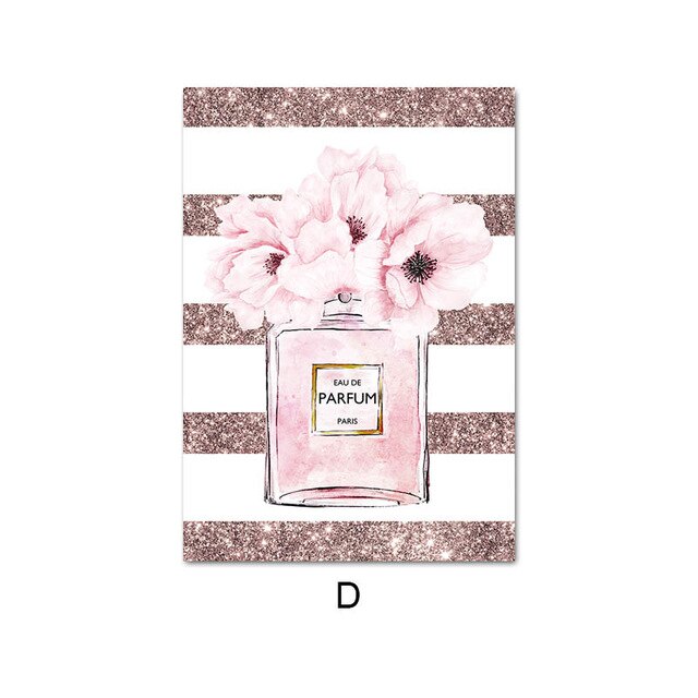 Pink Flower Perfume Poster Eyelash Lips Makeup Print Art Painting Wall Picture Modern Girl Room Home Decoration: Gray / 42x30cm No Frame