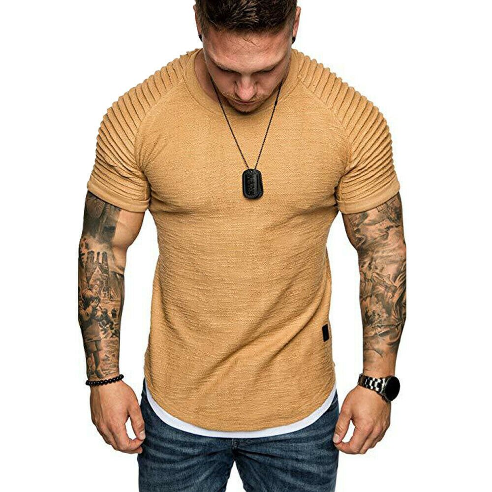 Men's T-Shirts Pleated Wrinkled Slim Fit O Neck Short Sleeve Muscle Solid Casual Tops Shirts Summer Basic Tee: Khaki / XXL