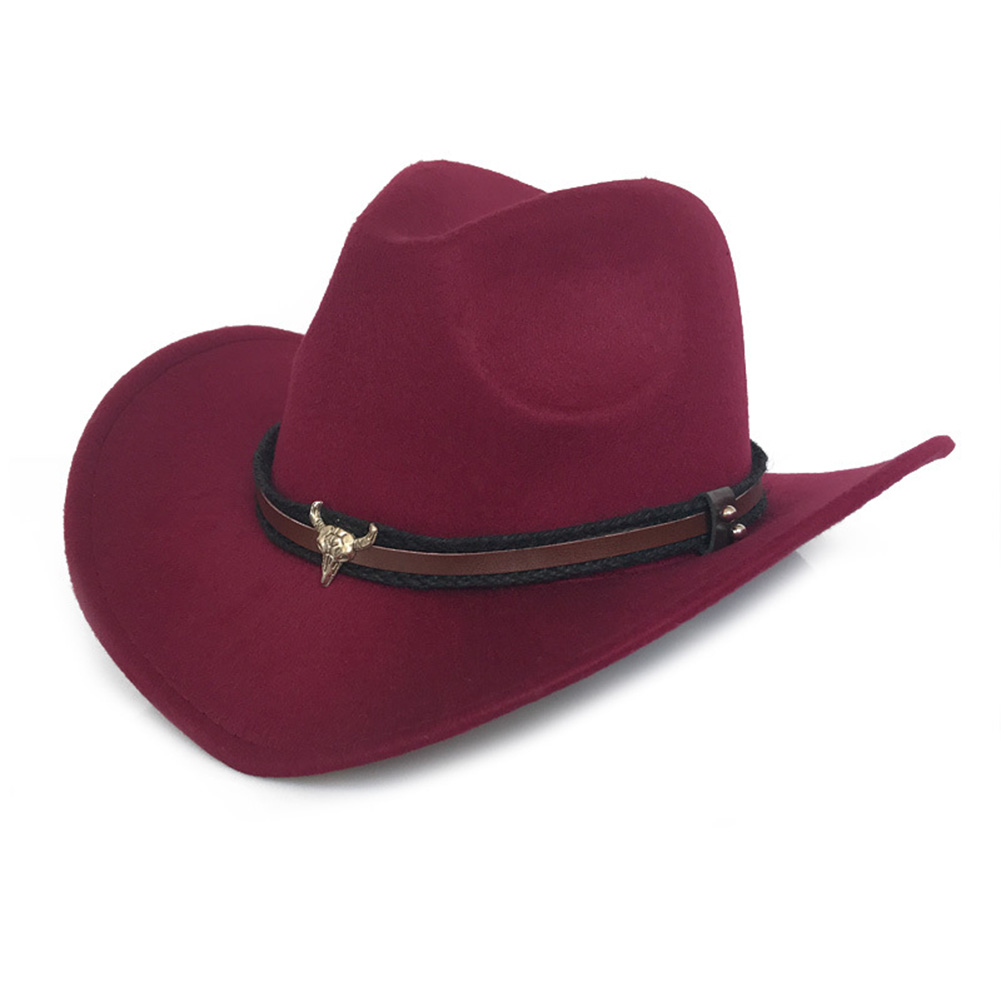 Ox Head Unisex Western Cowboy Woolen Hat Wide Brim Fedora Jazz Cap with Strap Cowboy Woolen Hat Wide Fedora Jazz Cap with Strap: Wine Red