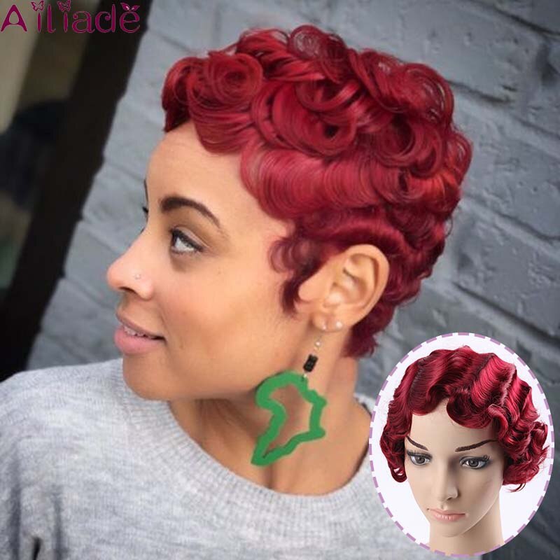 AILIADE cheveux noirs vague courte perruques pour femme court doigt vague perruques court coupe de lutin perruque courte perruques: 4/27HL