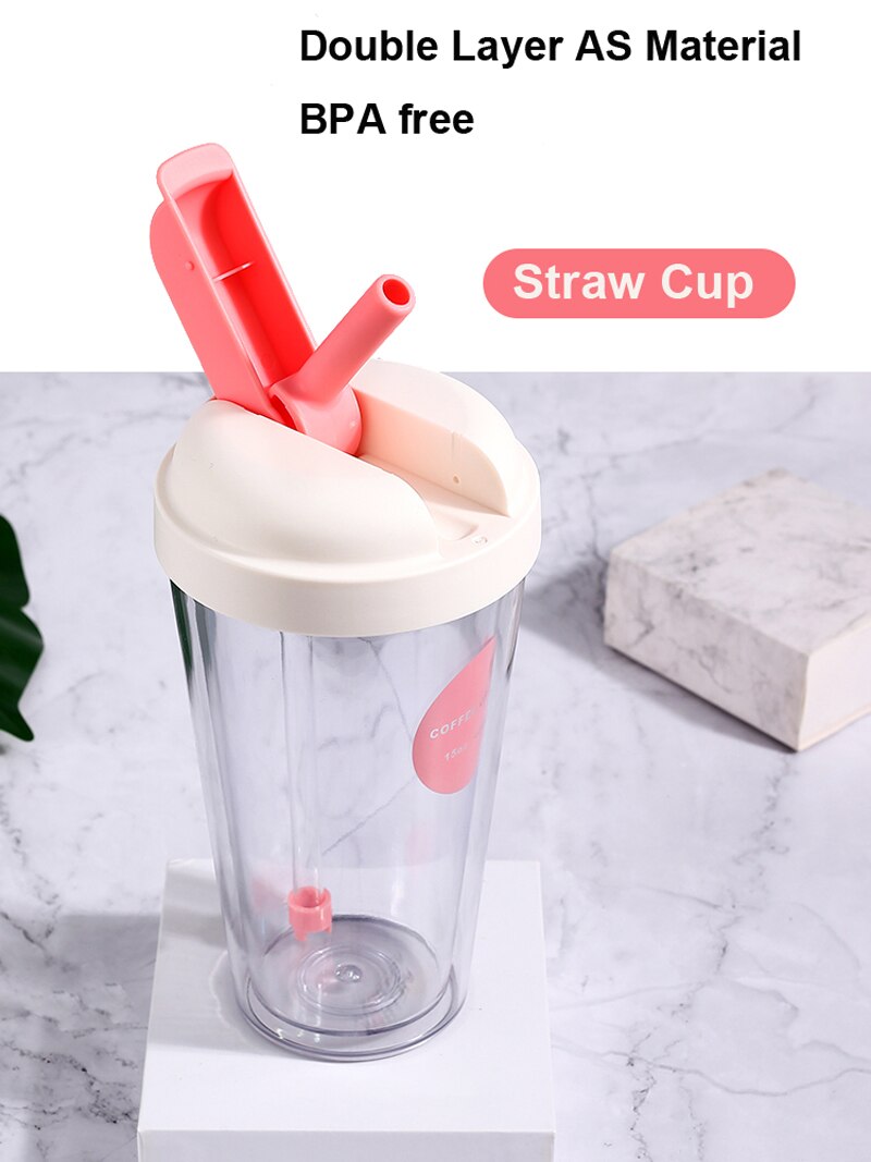 Ins 420ml dubbla lager återanvändbar kaffekopp mjölk te smoothie halmkoppar utomhus dricksflaska resemugg med borste