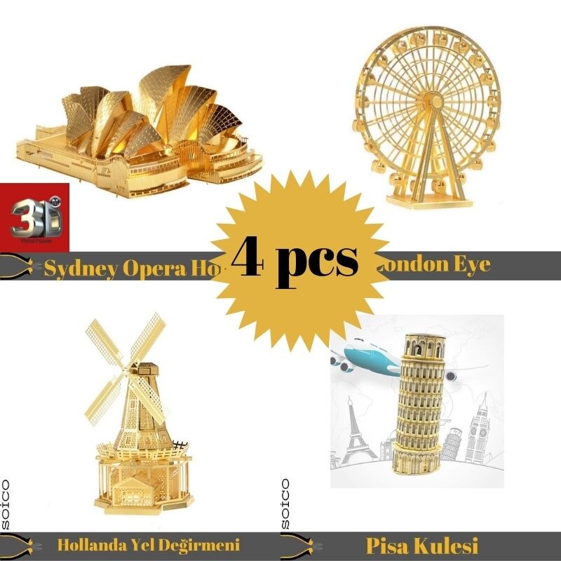 4'Lu einstellen Soico 3D Modell Metall Modell Bausätze Italien Pisa Turm Gold Farbe, Holland Windmühle NEUE Mühle Gold farbe, London Auge