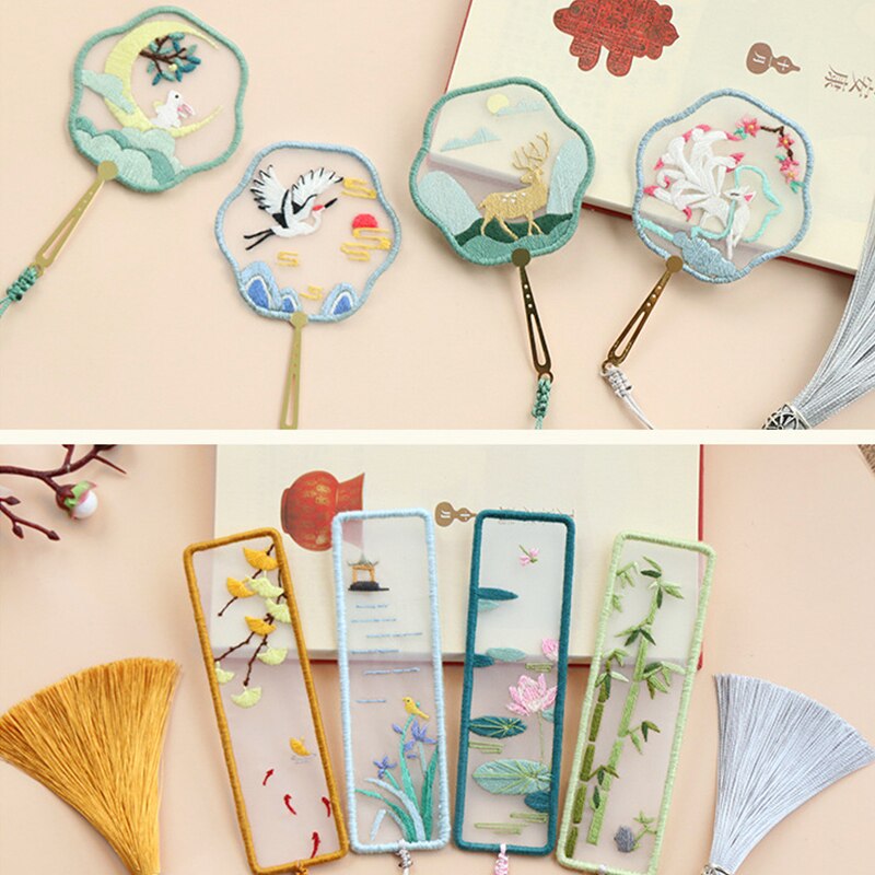 DIY Embroidered Bookmark Material Package Embroidery Starter Kit With Flowers Plant Pattern Color Threads Handmade Bookmark Kit