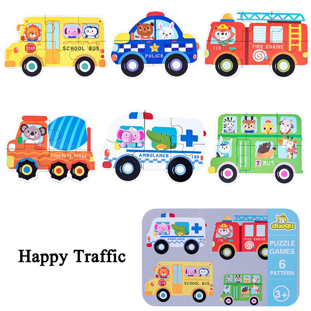 Baby Kids Cognition Puzzles Toys Cartoon Traffic Animal Cognition Puzzles Toys Baby Iron Box Cards Matching Education Game ZXH: metal  traffic