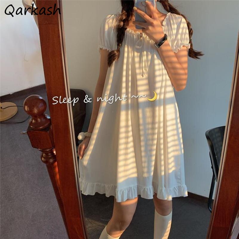 Nightgowns Women Summer Ruffles Lovely Girls Solid Nightwear Knee-length Loose Comfortable Ulzzang Basic Casual Popular Clothing