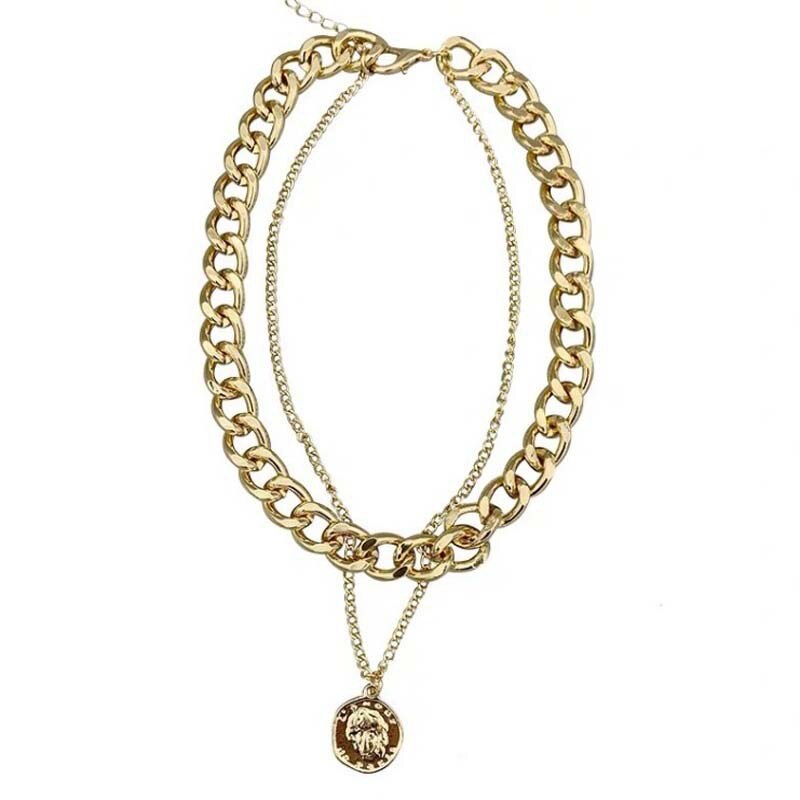 Hip Hop Double couche reine Coin tête courte clavicule chaîne en métal épais chaîne collier pour femmes tour de cou fête bijoux: Gold