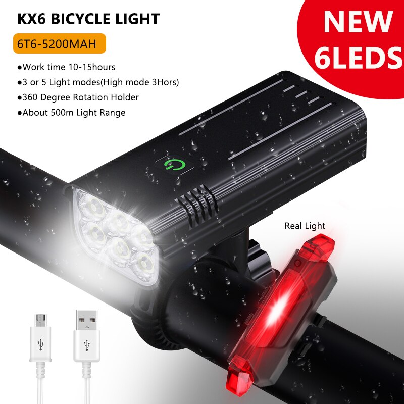 Trlife tehokas 6 t 6 polkupyörän valo usb ladattava 5000 lumenia kirkkain pyörän valo mtb taskulamppu etulamppu virtapankina: 6 t 6 15 tunnin setti