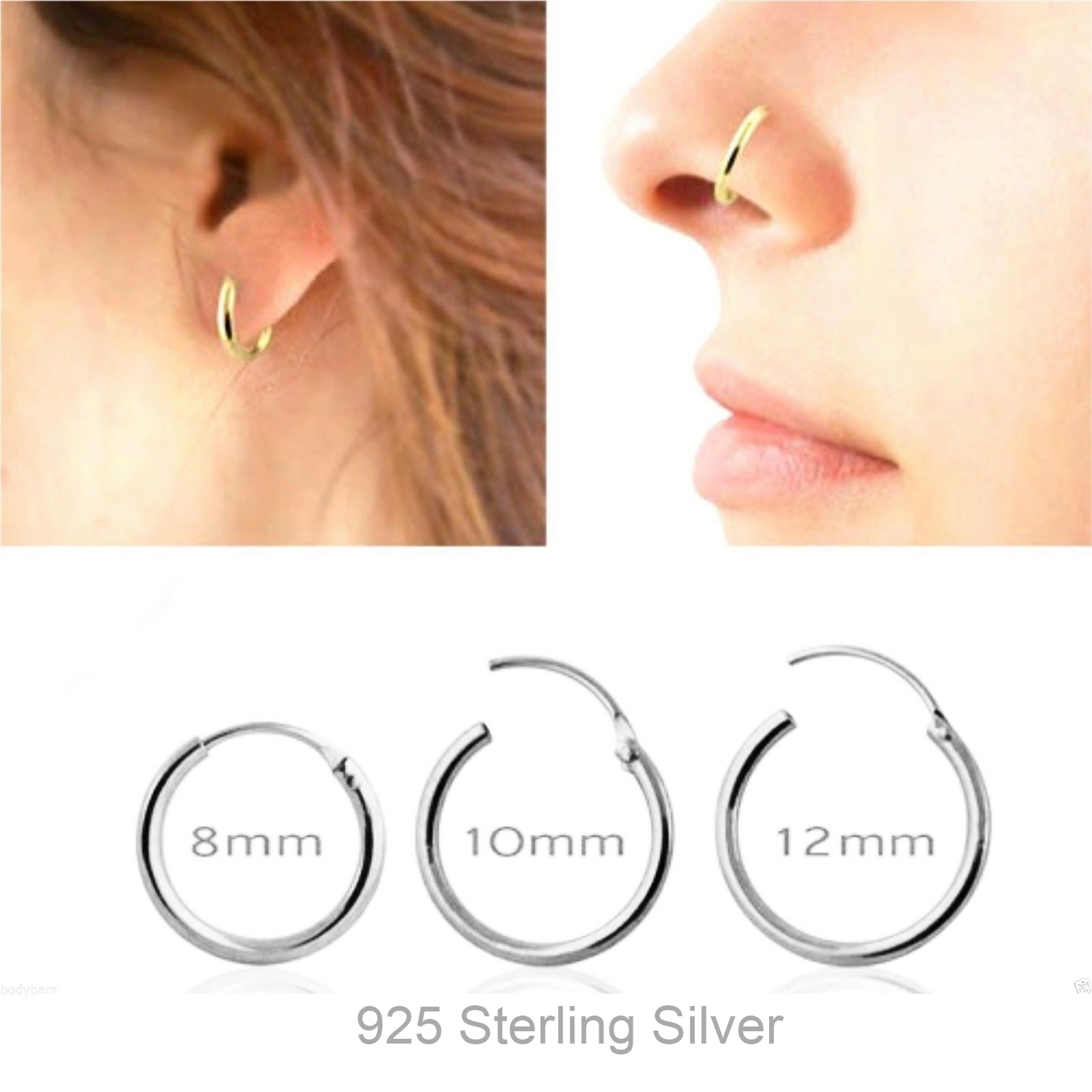 10pcs/lot 925 Sterling Silver Segment Hoop Nose Ring septum Clicker Tragus Cartilage Ear piercing 8mm 10mm 12mm