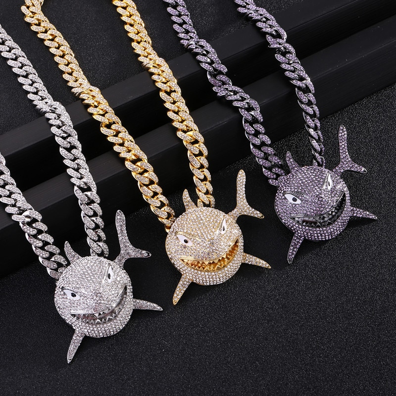 Hip Hop Big Shark Pendant Necklace Pave Bling Cubic Zircon Party Jewelry With Big Iced Out Crystal Miami Cuban Link Chain