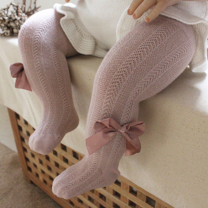 Medias de malla de verano para niña, transpirables pantimedias de algodón suave, con bonitos lazos, Color sólido: dark pink / Fit 4-6year