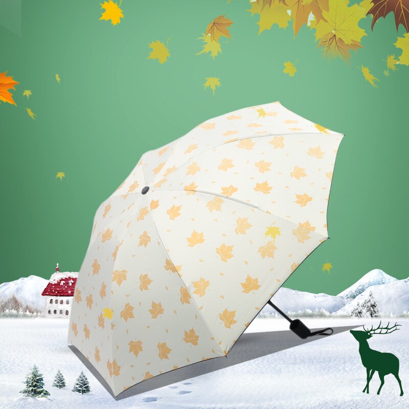 Opvouwbare paraplu Bloem paraplu UV bescherming Zon bescherming Drie-opvouwbare Paraplu esdoornblad Zwart en Wit