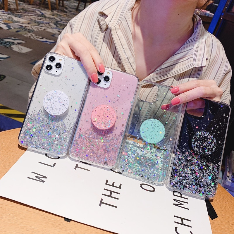 KONSMART For Xiaomi Redmi Note 9 Case Glitter Star Clear Silicone Soft 6.53" Back Cover Redmi Note 9 Phone Case With Holder Capa