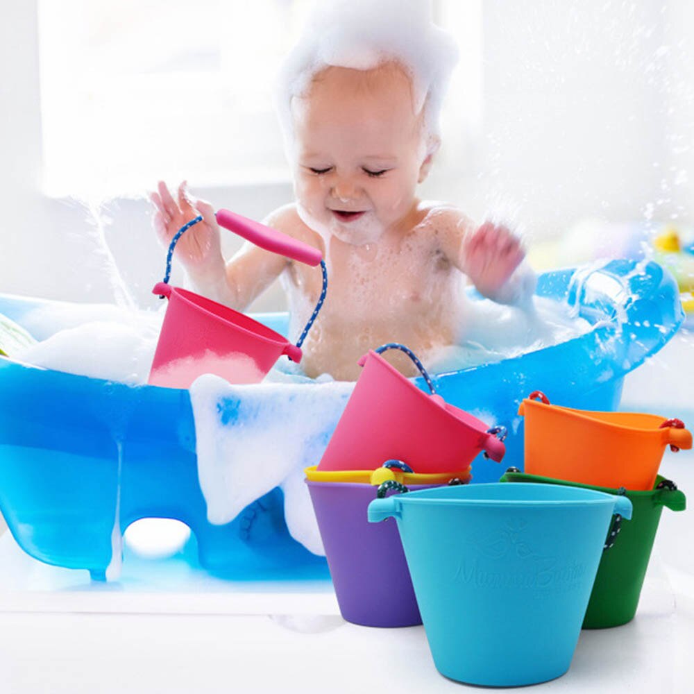 Bath Toy For Children 6 Colors Beach Bucket Silicone Folding Hand-held Barrel Baby Shower BathToy Sand Dabbling Pour Water Toy