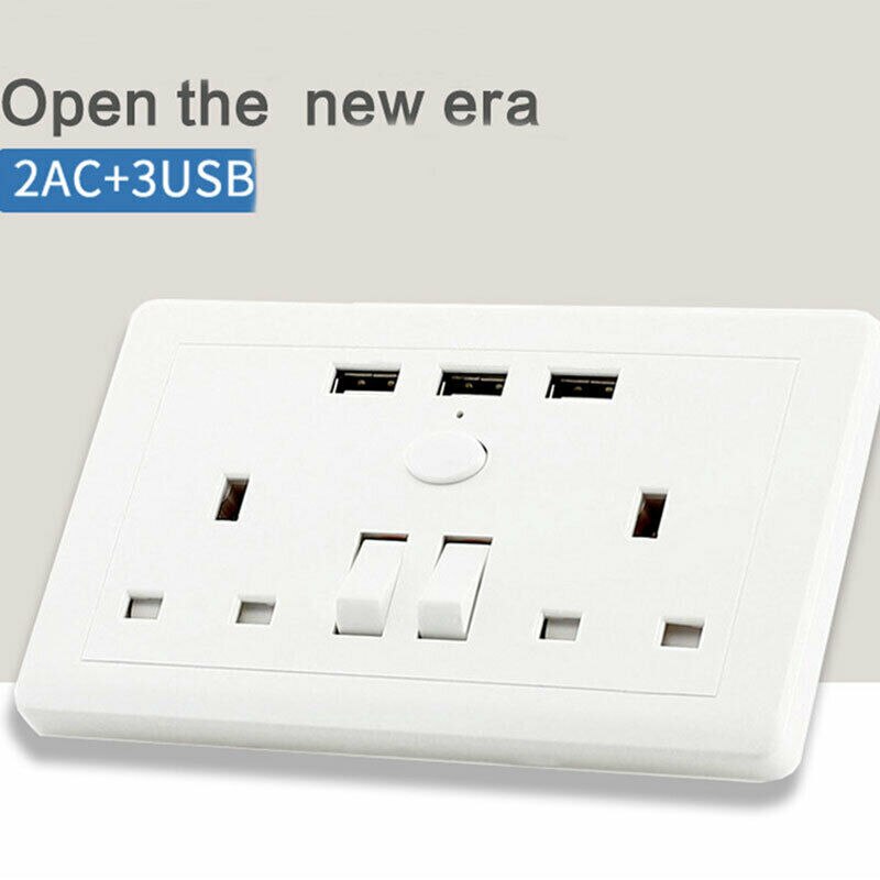 Double Wall Socket 2 Gang Plug 13A with 3 USB Port Charger Outlets White Plate